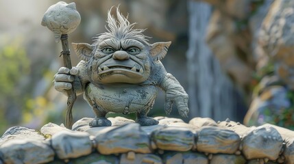 3D render iconA clay troll guarding a bridge with a grumpy expression and a club in hand 3d cute