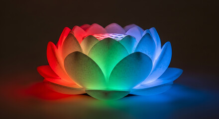 Illuminated lotus flower with petals glowing in vibrant red, green, and blue colors against a dark background.