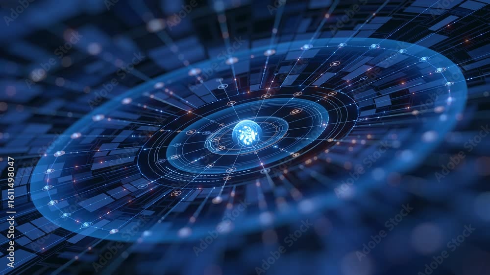 Wall mural an abstract digital background features a central glowing sphere surrounded by intricate interconnec
