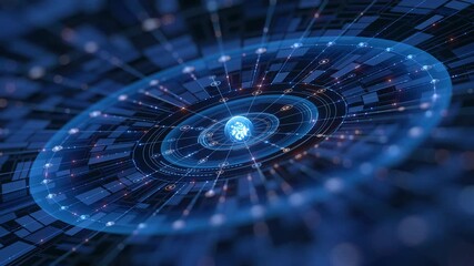 An abstract digital background features a central glowing sphere surrounded by intricate interconnected lines, luminous dots, and concentric circles, symbolizing global networks, AI, and big data. - Powered by Adobe