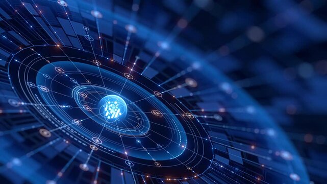 A vibrant blue abstract digital background features intricate interconnected lines, glowing nodes, and concentric circular patterns, symbolizing advanced technology, data flow, and global