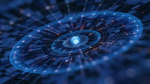 An abstract digital background features a central glowing sphere surrounded by intricate interconnected lines, luminous dots, and concentric circles, symbolizing global networks, AI, and big data. - Powered by Adobe