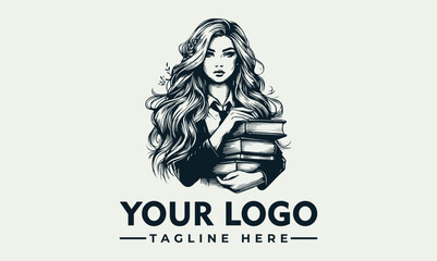 A young woman holding a stack of books, depicted in a vintage illustration style, with logo text.