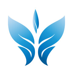 A dynamic butterfly-like shape in blue, symbolizing transformation, growth, and freedom