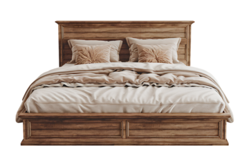 Rustic Wooden Platform Bed with Cream Linens and Pillows