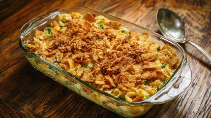 Hearty tuna noodle casserole with crunchy topping in a vintage Pyrex dish on a woodgrain table