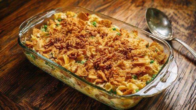 Hearty tuna noodle casserole with crunchy topping in a vintage Pyrex dish on a woodgrain table