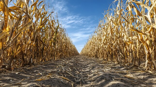 A field of dried corn stalks under a clear blue sky.