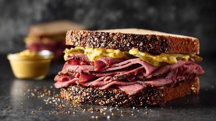 Pastrami sandwich on rye bread with spicy mustard deli style counter background