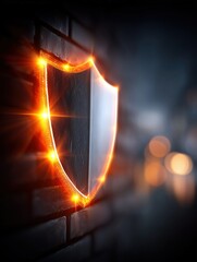 Illuminated shield sign on a dark wall background.