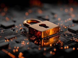 Digital padlock on a circuit board with glowing lights.