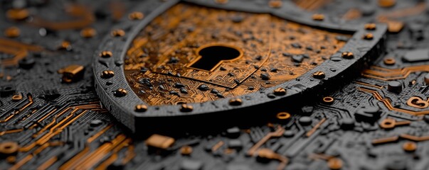 Close-up of a shield with a keyhole on a circuit board background.