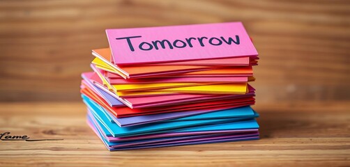 Stack of colorful cards with "Tomorrow" written on each, representing procrastination,   messy,   delaying