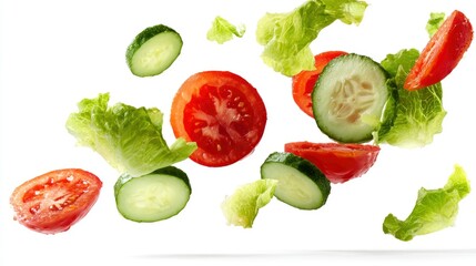 Freshly cut salad ingredients float against a white background, conveying lightness and freshness.
