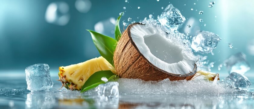Refreshing coconut and pineapple with ice on blue background
