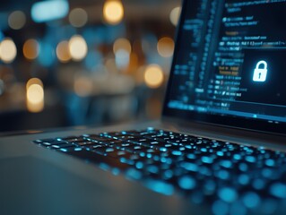 Laptop with glowing keys and code on screen in a dimly lit setting.