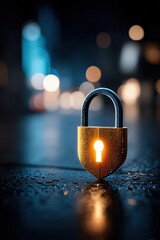 A glowing padlock against a blurred dark background.