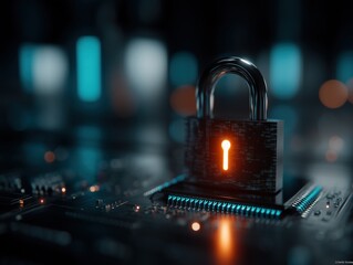 Digital lock on a circuit board, symbolizing cybersecurity and protection.