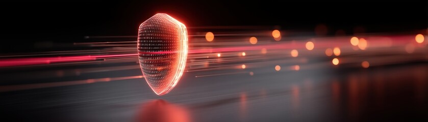 Digital shield with dynamic light streaks in a dark background.
