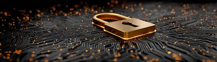 Digital lock on circuit board with glowing particles in background.