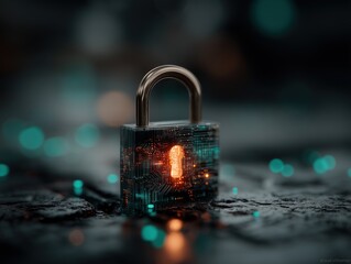 Digital padlock surrounded by glowing bokeh lights.