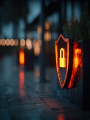 Illuminated shield with a padlock in a moody urban setting.