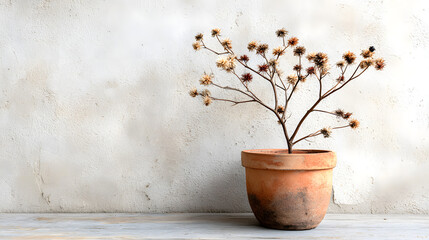 Dried plant in pot against rustic white wall background, offering a minimalist nature aesthetic for design projects.