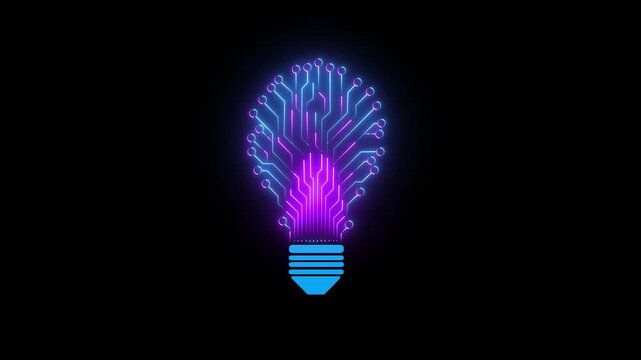 Bulb circuit animation by blue color neon on black background. Modern education technology background, moving light bulbs in a cycle, using technology. integration with technology.