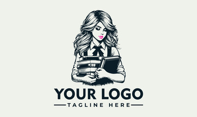 A young woman holding a stack of books, depicted in a vintage illustration style, with logo text.