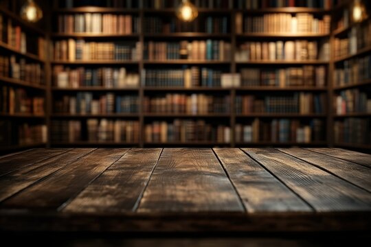 A rustic wooden table in focus with a warm-lit, blurred background of a large, cozy library filled with bookshelves and books.