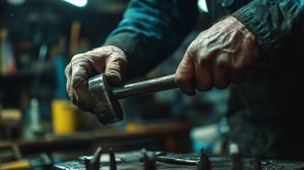 Close-up of weathered hands of a blacksmith shaping metal with a hammer and anvil in a workshop.