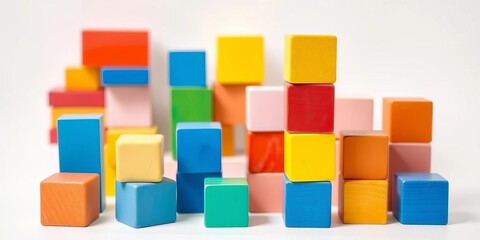 Brightly colored wooden blocks and stacking toys on white ,  toddler,  early childhood education