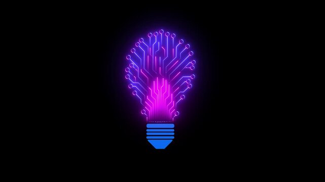 Bulb circuit animation by blue and pink color neon on black background. Modern education technology background, moving light bulbs in a cycle, using technology. integration with technology.