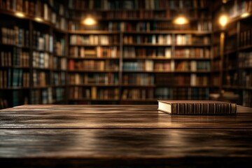 Obraz premium A single antique book rests on a polished wooden table in a warmly lit, cozy library filled with shelves of books.
