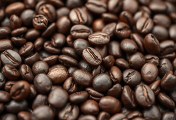 Fototapeta premium Close-up of rich, dark roasted coffee beans texture, detail, coffee shop