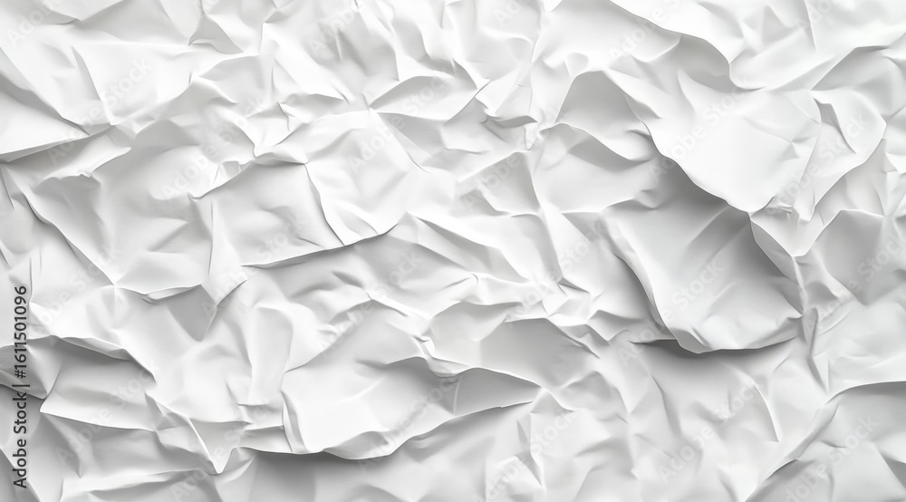 Poster close-up image of crumpled white paper with various folds and shadows creating a textured background