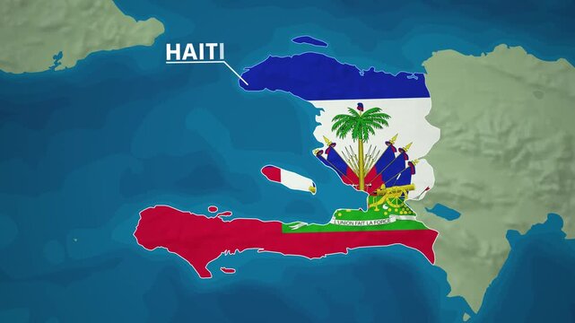 Zoom from Earth to Haiti. (Country Flag) World map animation with highlighted country borders. Cinematic 3d world map animation highlights aerial views, tourism, and travel. 4k