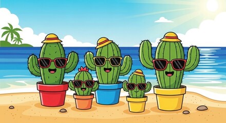 Cheerful Cactus Family on Vacation at the Beach - Illustration