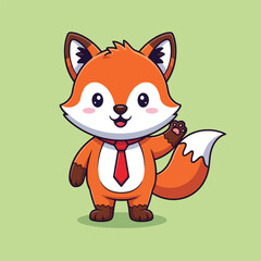 Obraz premium A cute cartoon fox wearing a red tie is standing and waving hello with a friendly smile.