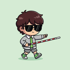 A cute cartoon boy with brown hair and sunglasses walks forward, using a white and red striped cane for guidance.