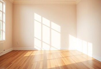 Obraz premium Sunlit empty room, hardwood floor, minimalist design, shadow, clean