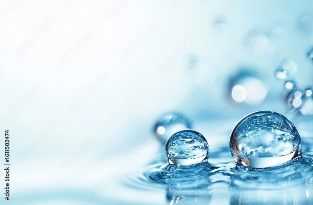 Poster clear water droplets resting on a smooth surface with a soft blue background and reflections, showca