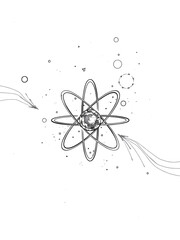 Hatch-style drawing of quantum superposition with dual-state atom, artistic sketch of quantum computing physics in waveform space.