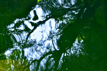 Close-up of the water of the pool in a public park. Clear water with reflection. Water reflection. Nature scene.