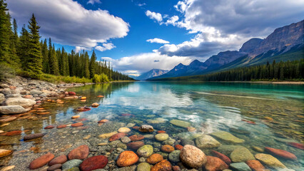 Peaceful rocky riverbed flowing gently under clear blue sky and clouds
