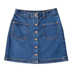 Front view, denim mini skirt with pockets and wooden buttons, png