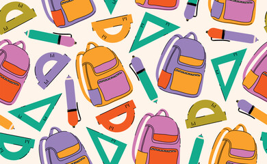 School stationery seamless pattern. Hand drawn cool children supplies, pen, backpack, ruler, geometric elements for education, sticker, banner. Back to school background. Flat vector illustration.