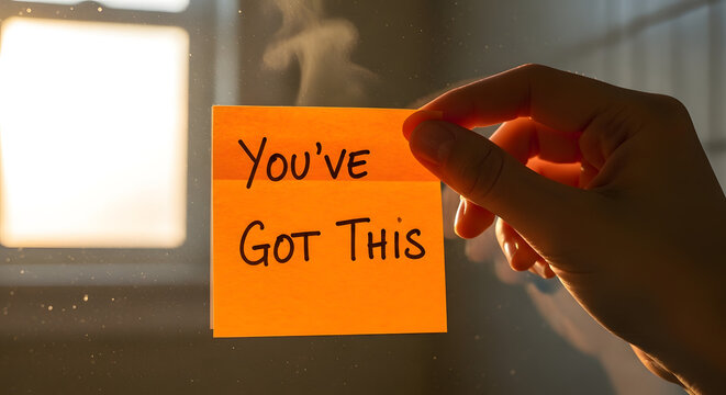 Hand holding an orange sticky note with the encouraging message "You've Got This," near a sunlit window.