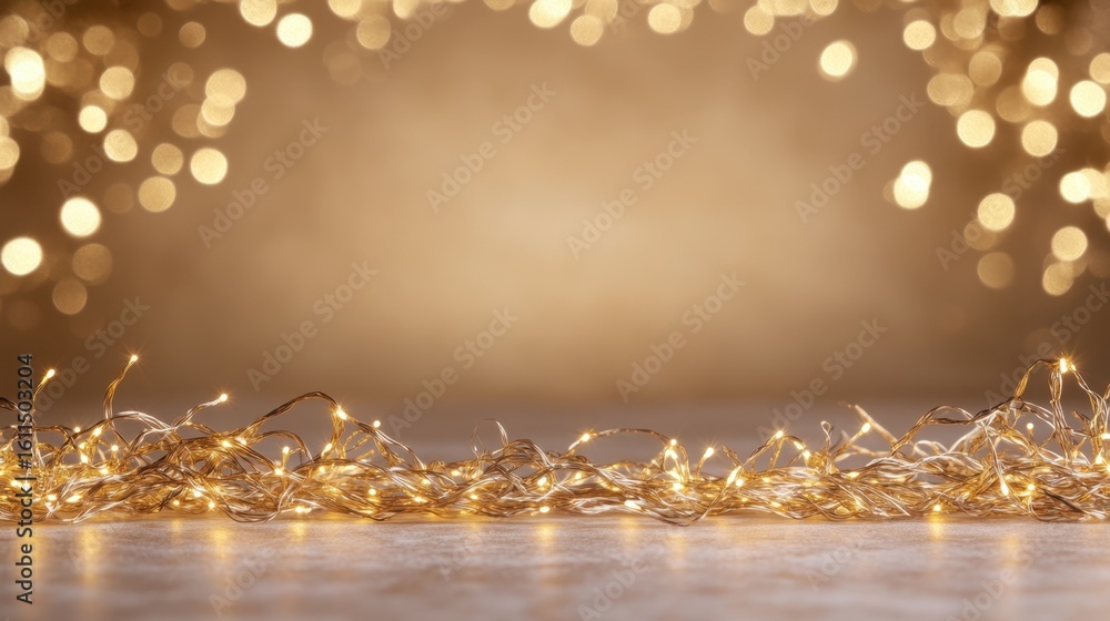 Poster warm golden bokeh lights with glowing string on rustic surface