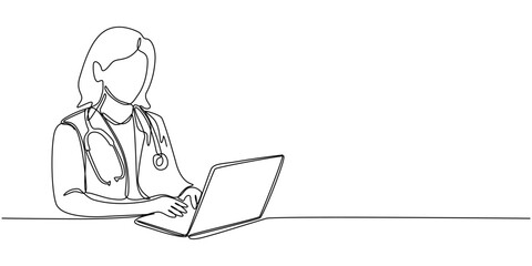 Woman Doctor, Continuous line drawing of female doctor checking patient medical record on a laptop.single-line women doctor with stethoscope in front of laptop.Medical healthcare concept vector